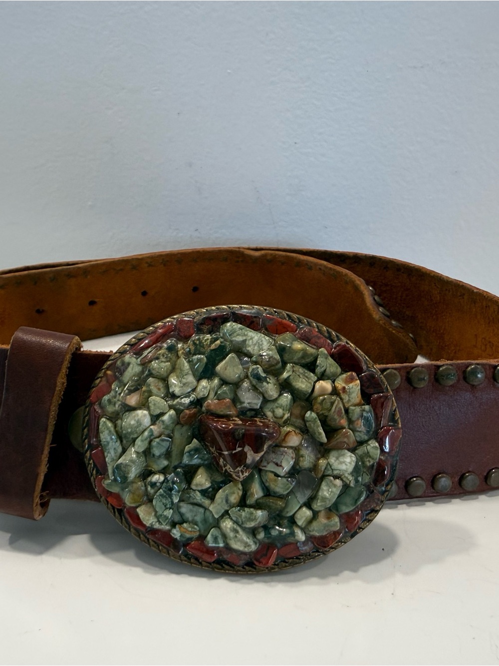 Vintage Leatherock Brown Leather Belt with Green Stone Mosaic Buckle